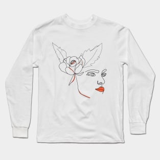 Minimal woman line art. One line woman face with rose flower. Long Sleeve T-Shirt